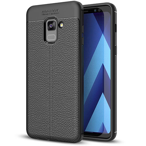 Coque Silicone Gel Motif Cuir Housse Etui pour Samsung Galaxy A8+ A8 Plus (2018) Duos A730F Noir