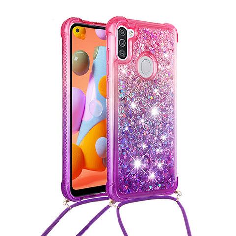 Coque Silicone Housse Etui Gel Bling-Bling avec Laniere Strap S01 pour Samsung Galaxy A11 Rose Rouge