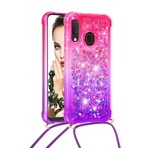 Coque Silicone Housse Etui Gel Bling-Bling avec Laniere Strap S01 pour Samsung Galaxy A20e Rose Rouge