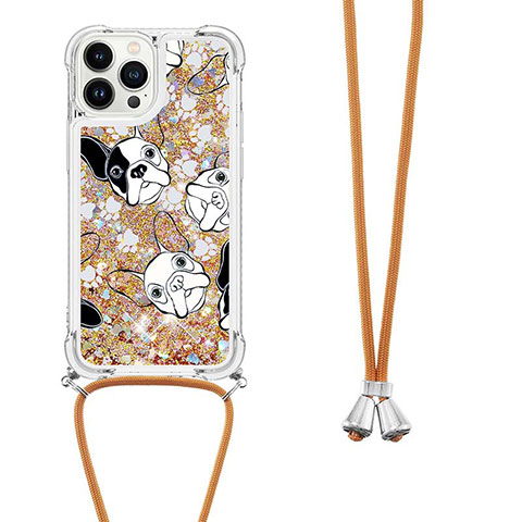 Coque Silicone Housse Etui Gel Bling-Bling avec Laniere Strap S02 pour Apple iPhone 15 Pro Max Or