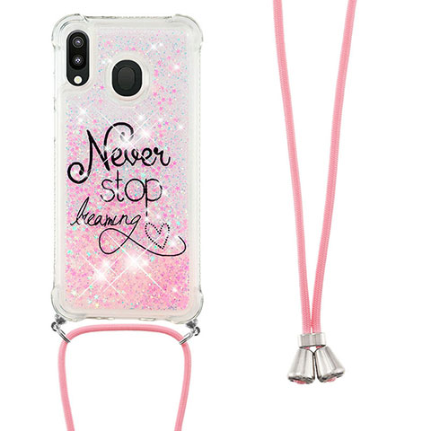 Coque Silicone Housse Etui Gel Bling-Bling avec Laniere Strap S02 pour Samsung Galaxy M20 Rose