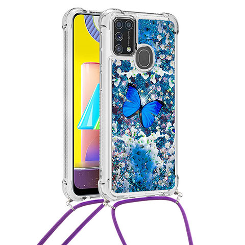 Coque Silicone Housse Etui Gel Bling-Bling avec Laniere Strap S02 pour Samsung Galaxy M31 Prime Edition Bleu