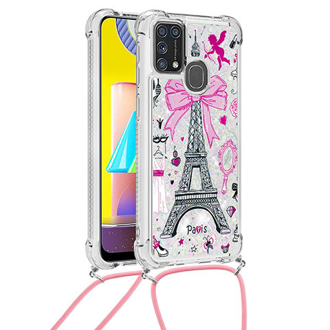 Coque Silicone Housse Etui Gel Bling-Bling avec Laniere Strap S02 pour Samsung Galaxy M31 Prime Edition Rose