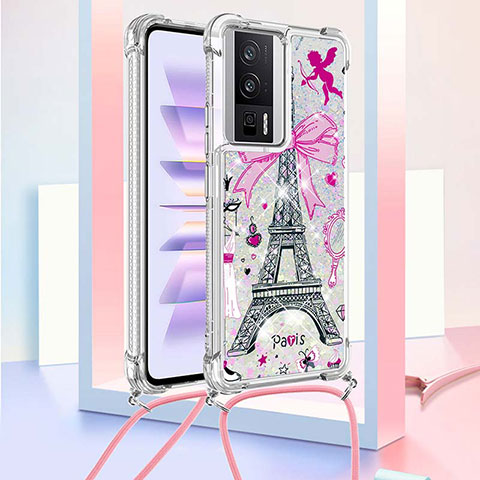 Coque Silicone Housse Etui Gel Bling-Bling avec Laniere Strap S02 pour Xiaomi Poco F5 Pro 5G Rose