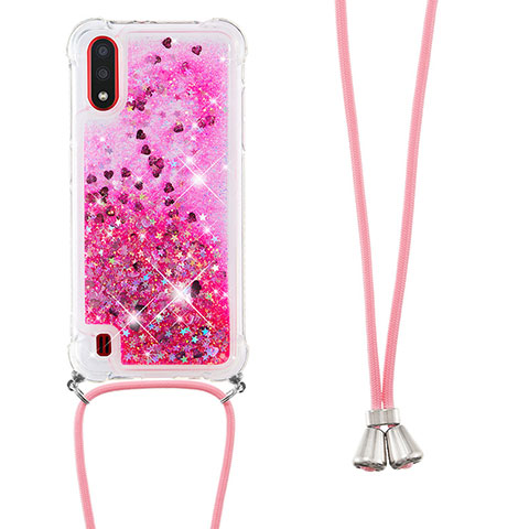 Coque Silicone Housse Etui Gel Bling-Bling avec Laniere Strap S03 pour Samsung Galaxy A01 SM-A015 Rose Rouge