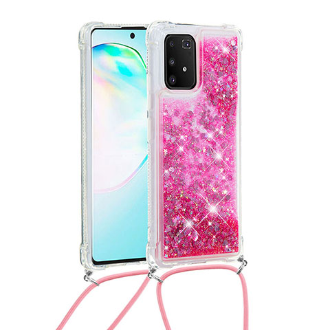 Coque Silicone Housse Etui Gel Bling-Bling avec Laniere Strap S03 pour Samsung Galaxy A91 Rose Rouge