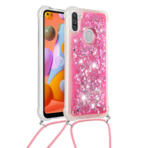 Coque Silicone Housse Etui Gel Bling-Bling avec Laniere Strap S03 pour Samsung Galaxy M11 Rose Rouge