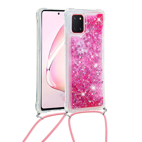 Coque Silicone Housse Etui Gel Bling-Bling avec Laniere Strap S03 pour Samsung Galaxy M60s Rose Rouge