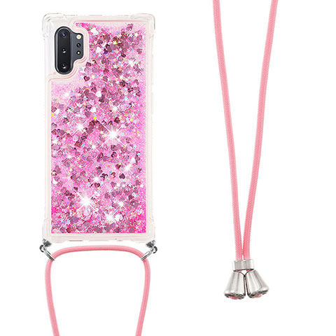 Coque Silicone Housse Etui Gel Bling-Bling avec Laniere Strap S03 pour Samsung Galaxy Note 10 Plus 5G Rose Rouge