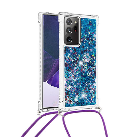 Coque Silicone Housse Etui Gel Bling-Bling avec Laniere Strap S03 pour Samsung Galaxy Note 20 Ultra 5G Bleu
