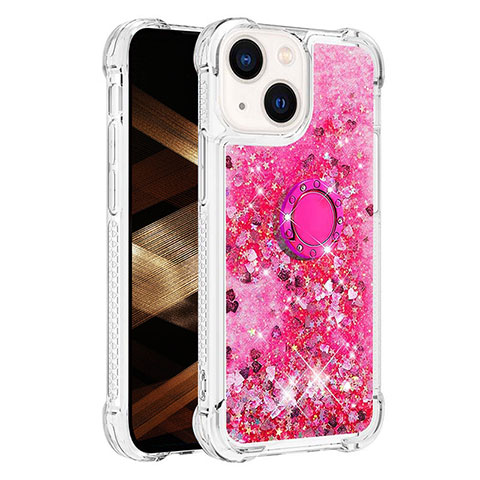 Coque Silicone Housse Etui Gel Bling-Bling avec Support Bague Anneau S01 pour Apple iPhone 15 Rose Rouge