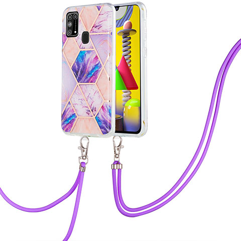 Coque Silicone Motif Fantaisie Souple Couleur Unie Etui Housse avec Laniere Strap Y01B pour Samsung Galaxy M31 Prime Edition Violet Clair