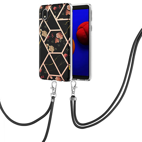 Coque Silicone Motif Fantaisie Souple Couleur Unie Etui Housse avec Laniere Strap Y02B pour Samsung Galaxy A01 Core Noir
