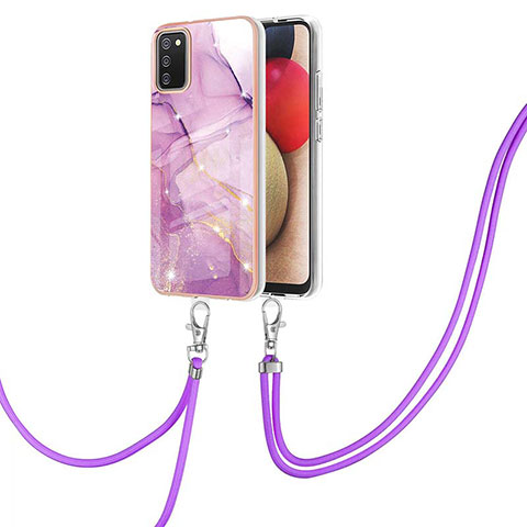Coque Silicone Motif Fantaisie Souple Couleur Unie Etui Housse avec Laniere Strap Y05B pour Samsung Galaxy A03s Violet Clair