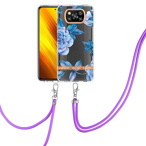 Coque Silicone Motif Fantaisie Souple Couleur Unie Etui Housse avec Laniere Strap Y06B pour Xiaomi Poco X3 NFC Bleu
