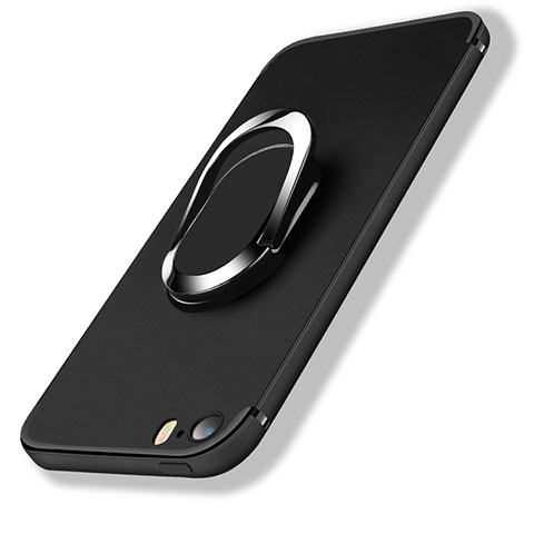 Coque Ultra Fine Silicone Souple avec Support Bague Anneau A01 pour Apple iPhone 5 Noir