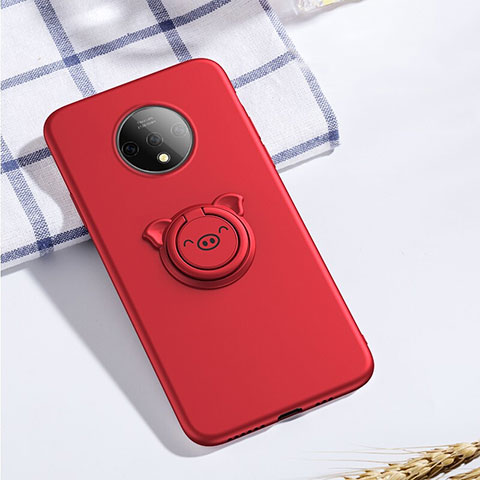 Coque Ultra Fine Silicone Souple Housse Etui avec Support Bague Anneau Aimante Magnetique A01 pour OnePlus 7T Rouge