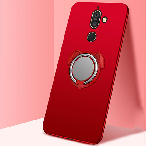 Coque Ultra Fine Silicone Souple Housse Etui avec Support Bague Anneau Aimante Magnetique A02 pour Nokia 7 Plus Rouge