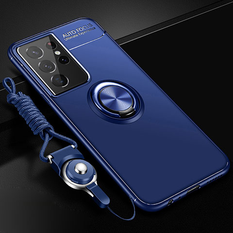 Coque Ultra Fine Silicone Souple Housse Etui avec Support Bague Anneau Aimante Magnetique A02 pour Samsung Galaxy S21 Ultra 5G Bleu