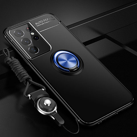 Coque Ultra Fine Silicone Souple Housse Etui avec Support Bague Anneau Aimante Magnetique A05 pour Samsung Galaxy S22 Ultra 5G Bleu et Noir