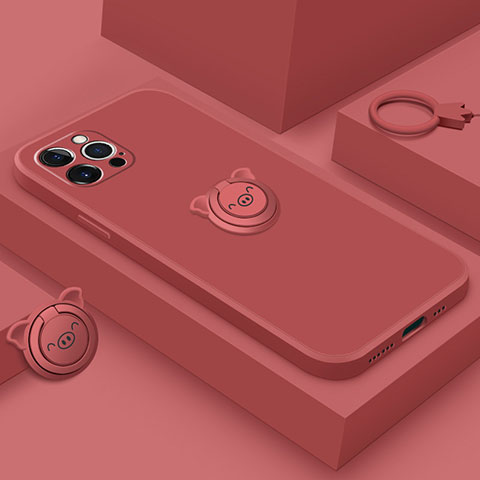 Coque Ultra Fine Silicone Souple Housse Etui avec Support Bague Anneau Aimante Magnetique A07 pour Apple iPhone 13 Pro Rouge