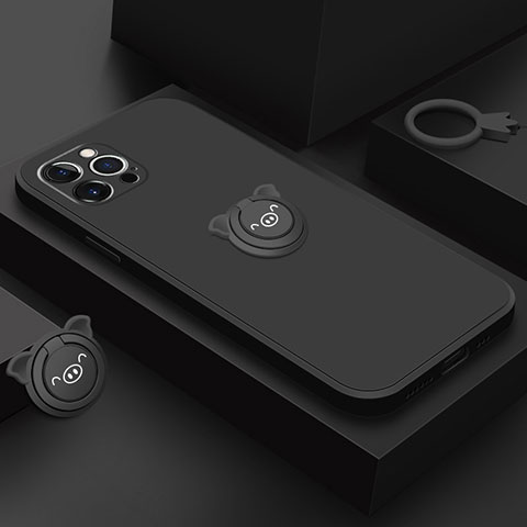 Coque Ultra Fine Silicone Souple Housse Etui avec Support Bague Anneau Aimante Magnetique A07 pour Apple iPhone 15 Pro Noir