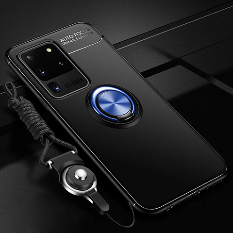 Coque Ultra Fine Silicone Souple Housse Etui avec Support Bague Anneau Aimante Magnetique JM3 pour Samsung Galaxy S20 Ultra 5G Bleu et Noir