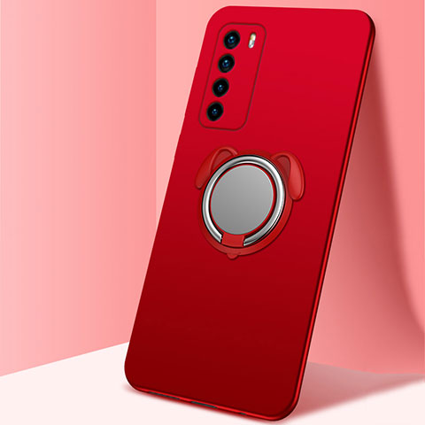 Coque Ultra Fine Silicone Souple Housse Etui avec Support Bague Anneau Aimante Magnetique T02 pour Huawei Honor Play4 5G Rouge