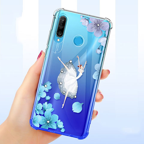 Coque Ultra Fine TPU Souple Housse Etui Transparente Fleurs pour Huawei P30 Lite Bleu