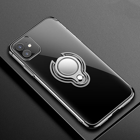 Coque Ultra Slim Silicone Souple Housse Etui Transparente avec Support Bague Anneau Aimante Magnetique C01 pour Apple iPhone 11 Noir