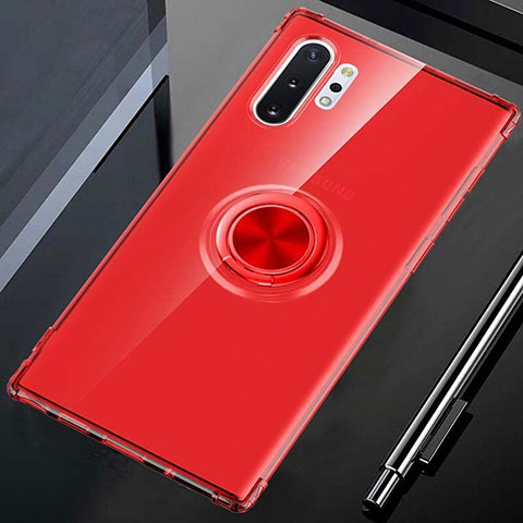Coque Ultra Slim Silicone Souple Housse Etui Transparente avec Support Bague Anneau Aimante Magnetique C01 pour Samsung Galaxy Note 10 Plus 5G Rouge
