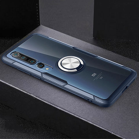Coque Ultra Slim Silicone Souple Housse Etui Transparente avec Support Bague Anneau Aimante Magnetique C01 pour Xiaomi Mi 10 Pro Bleu Ciel