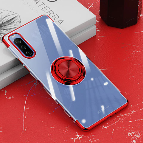 Coque Ultra Slim Silicone Souple Housse Etui Transparente avec Support Bague Anneau Aimante Magnetique pour Sony Xperia 10 III Lite Rouge