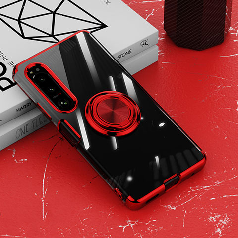 Coque Ultra Slim Silicone Souple Housse Etui Transparente avec Support Bague Anneau Aimante Magnetique pour Sony Xperia 10 IV SOG07 Rouge