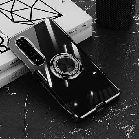 Coque Ultra Slim Silicone Souple Housse Etui Transparente avec Support Bague Anneau Aimante Magnetique pour Sony Xperia 5 IV Noir