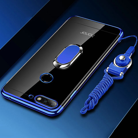 Coque Ultra Slim Silicone Souple Housse Etui Transparente avec Support Bague Anneau Aimante Magnetique S01 pour Huawei Honor 7A Bleu