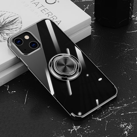 Coque Ultra Slim Silicone Souple Housse Etui Transparente avec Support Bague Anneau Aimante Magnetique Z02 pour Apple iPhone 14 Noir