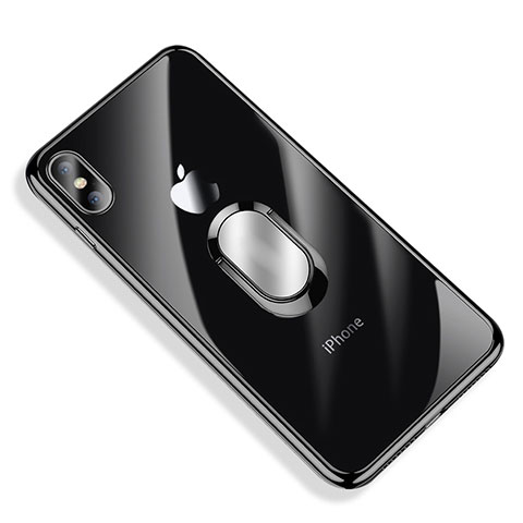 Coque Ultra Slim Silicone Souple Transparente avec Support Bague Anneau T01 pour Apple iPhone X Noir
