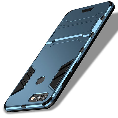 Etui Contour Silicone et Plastique Mat avec Support pour Huawei P Smart Bleu