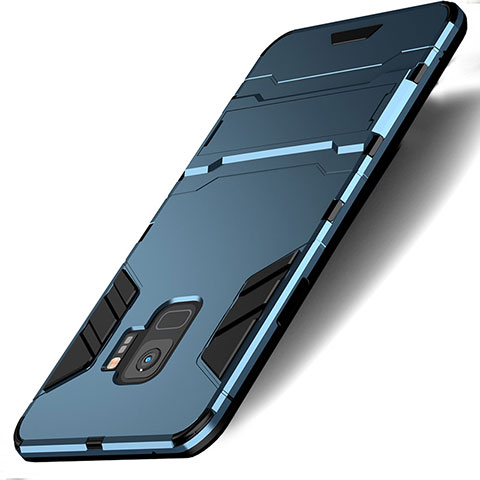 Etui Contour Silicone et Plastique Mat avec Support pour Samsung Galaxy S9 Bleu