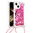 Coque Silicone Housse Etui Gel Bling-Bling avec Laniere Strap S03 pour Apple iPhone 14 Rose Rouge