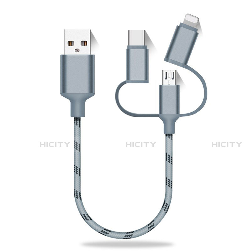 Chargeur Lightning Cable Data Synchro Cable Android Micro USB Type-C 25cm S01 Gris Plus
