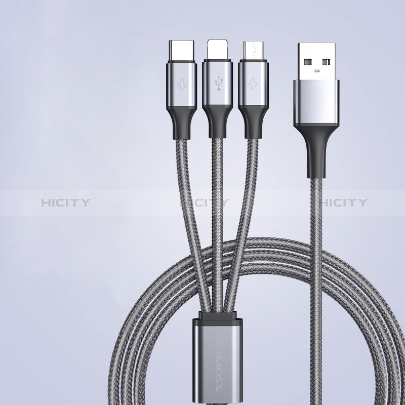Chargeur Lightning Cable Data Synchro Cable Android Micro USB Type-C 3.5A H01 pour Apple iPhone 15 Gris Fonce Plus