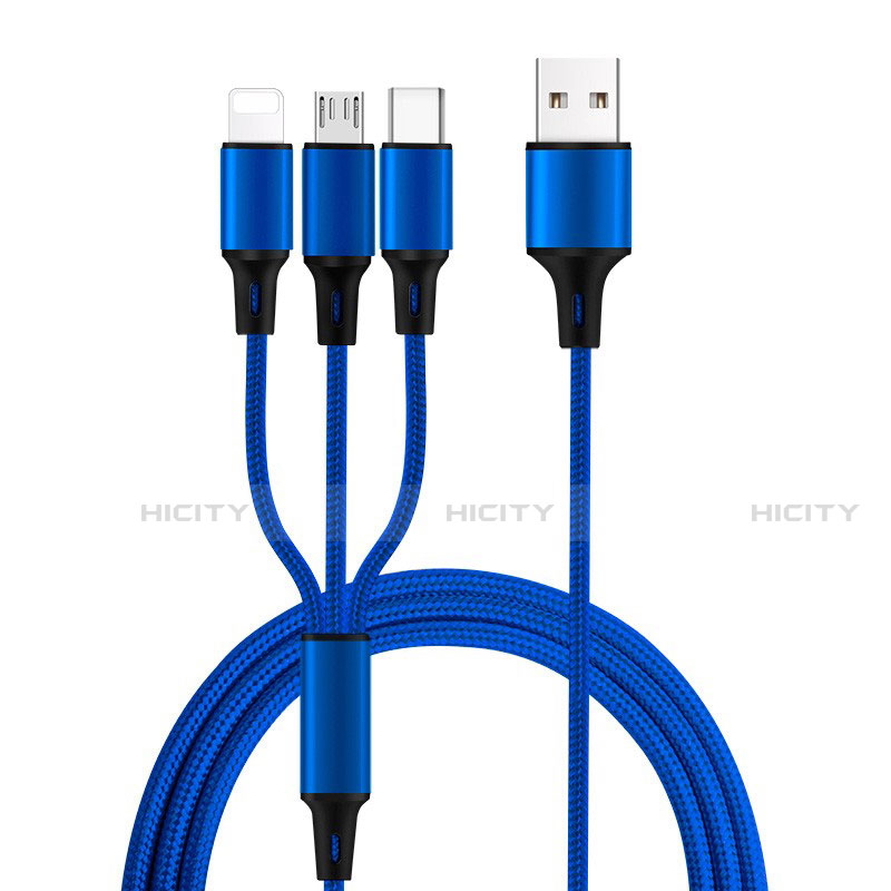 Chargeur Lightning Cable Data Synchro Cable Android Micro USB Type-C ML08 Bleu Plus