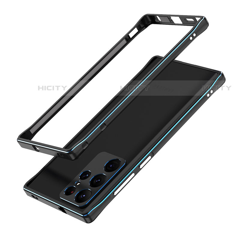 Coque Bumper Luxe Aluminum Metal Etui A01 pour Samsung Galaxy S22 Ultra 5G Bleu et Noir Plus