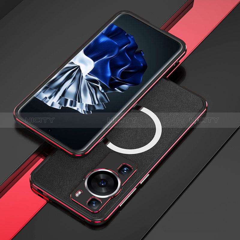 Coque Bumper Luxe Aluminum Metal Etui avec Mag-Safe Magnetic Magnetique pour Huawei P60 Pro Rouge et Noir Plus