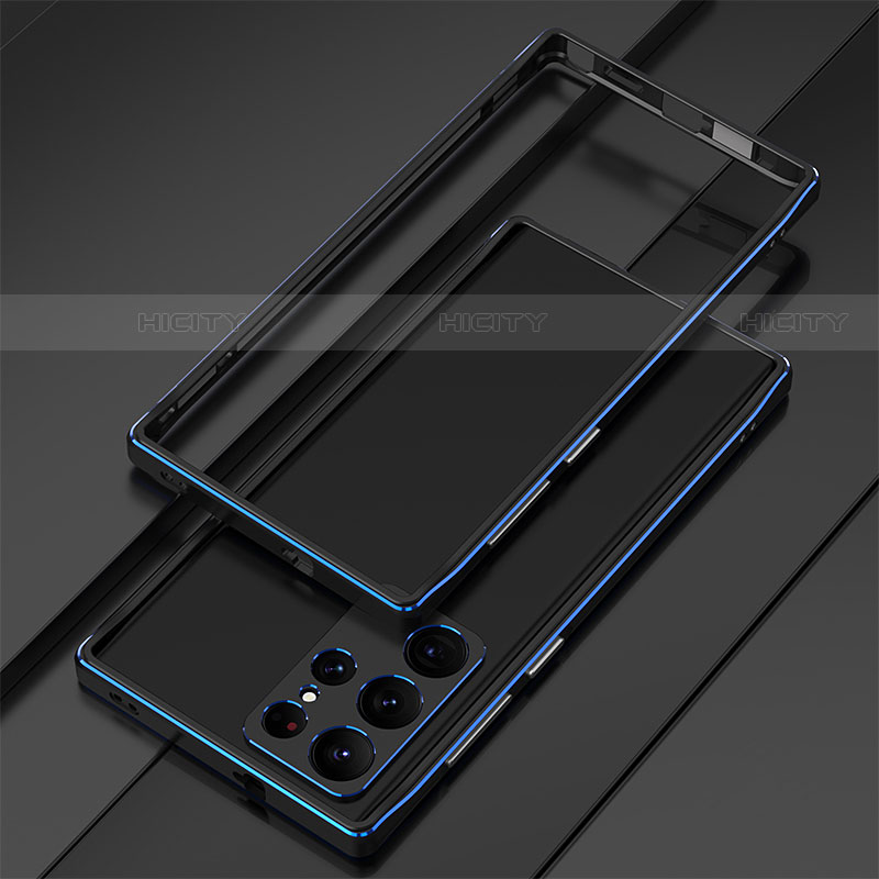 Coque Bumper Luxe Aluminum Metal Etui pour Samsung Galaxy S23 Ultra 5G Bleu et Noir Plus