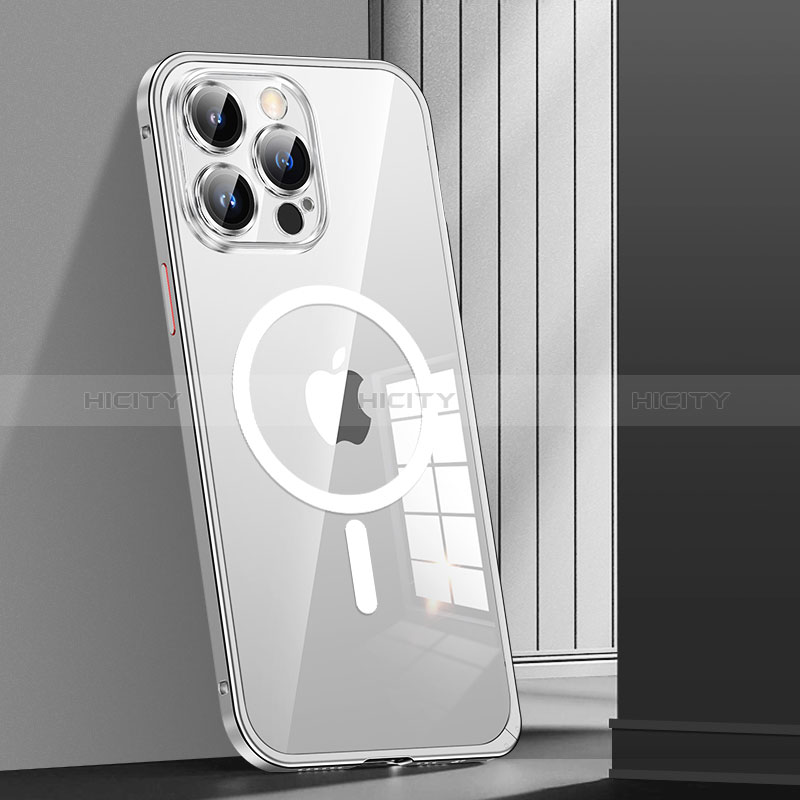 Coque Bumper Luxe Metal et Plastique Etui Housse avec Mag-Safe Magnetic Magnetique JL1 pour Apple iPhone 13 Pro Argent Plus