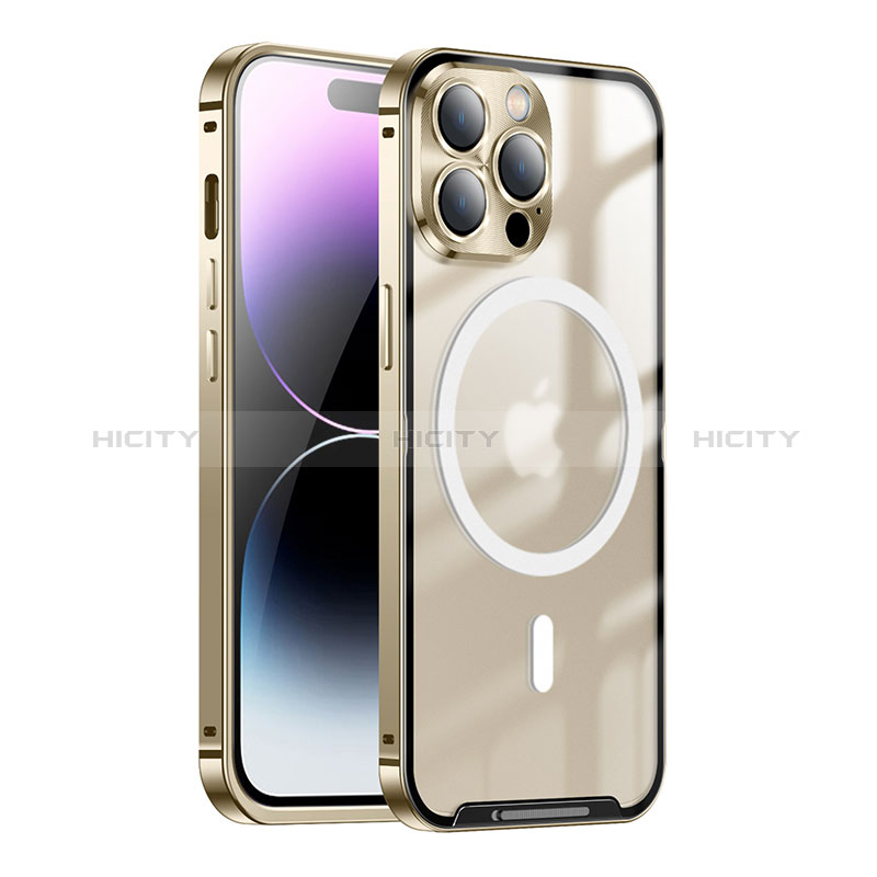 Coque Bumper Luxe Metal et Plastique Etui Housse avec Mag-Safe Magnetic Magnetique LK1 pour Apple iPhone 14 Pro Or Plus