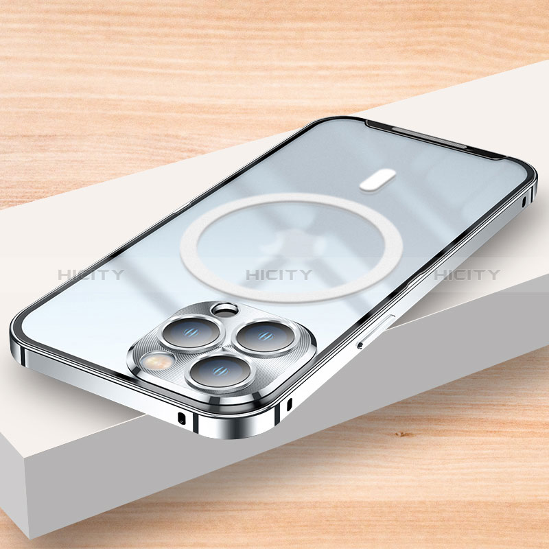 Coque Bumper Luxe Metal et Plastique Etui Housse avec Mag-Safe Magnetic Magnetique LK2 pour Apple iPhone 15 Pro Argent Plus
